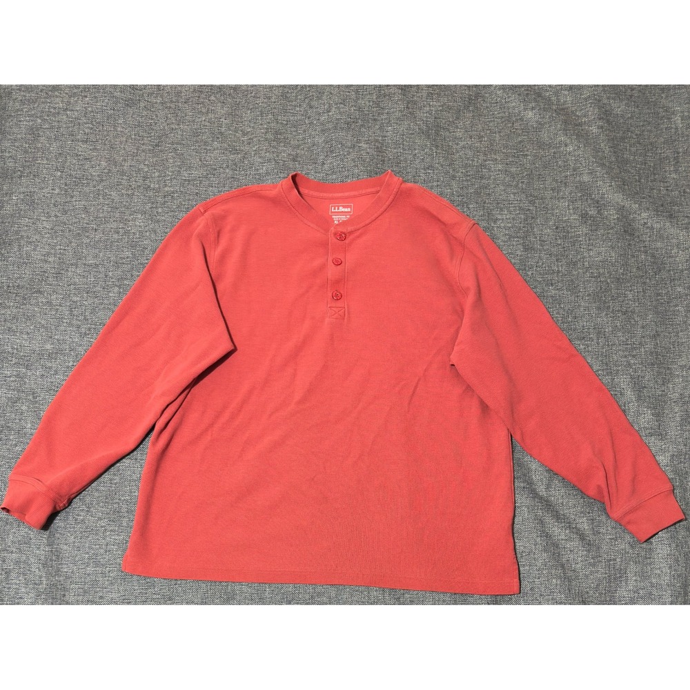 L.L. Bean Mens XL Henley Long Sleeve Waffle Knit Red Shirt 502224